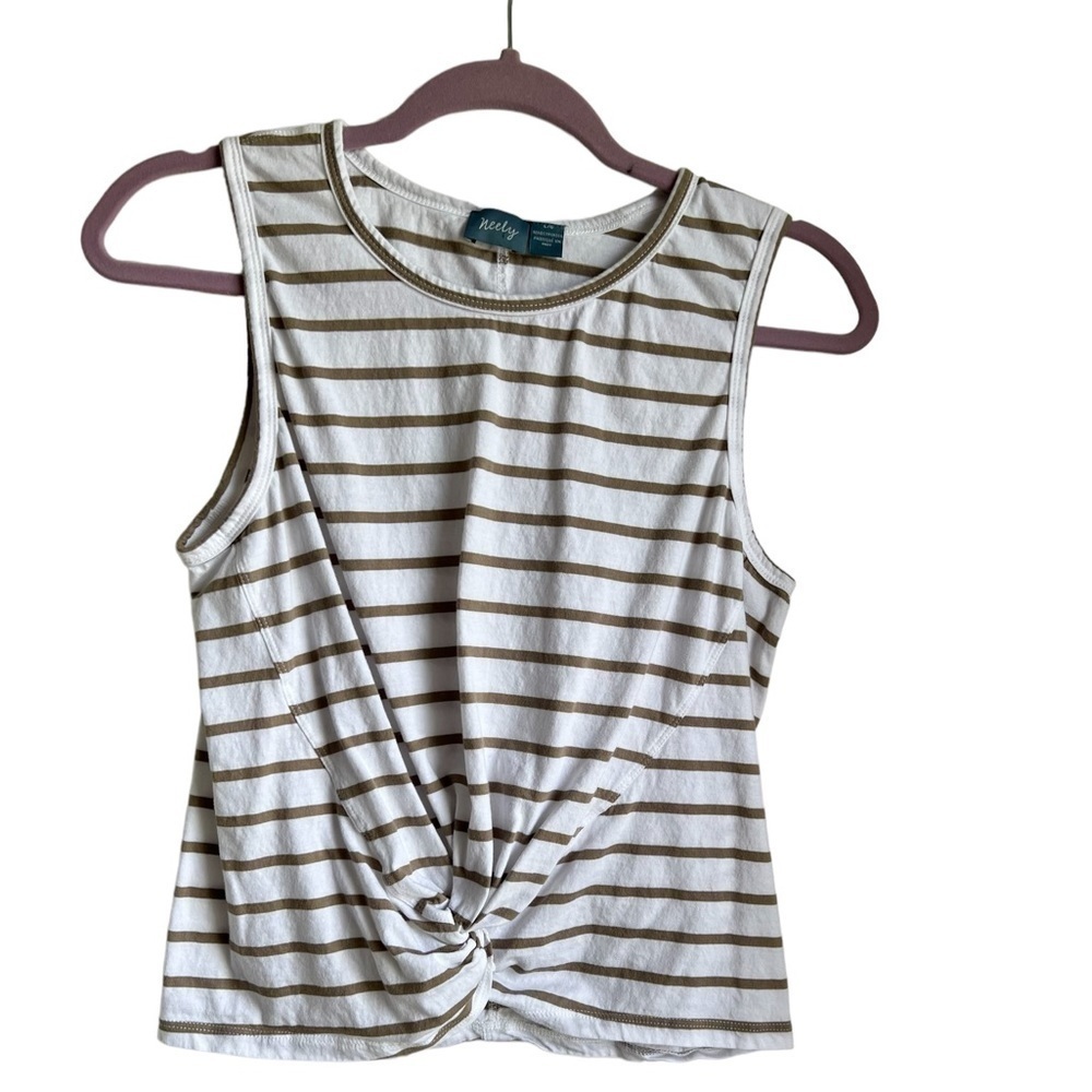 Neely Women’s Sleeveless Tee.  Tan & White Striped.  Size L